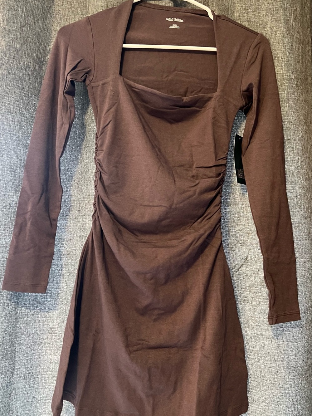 wild fable Brown Long-Sleeve Ruched Square-Neck Dress